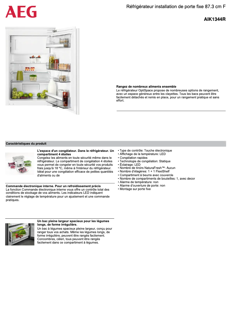 Page 1 de la notice Fiche technique AEG AIK1344R