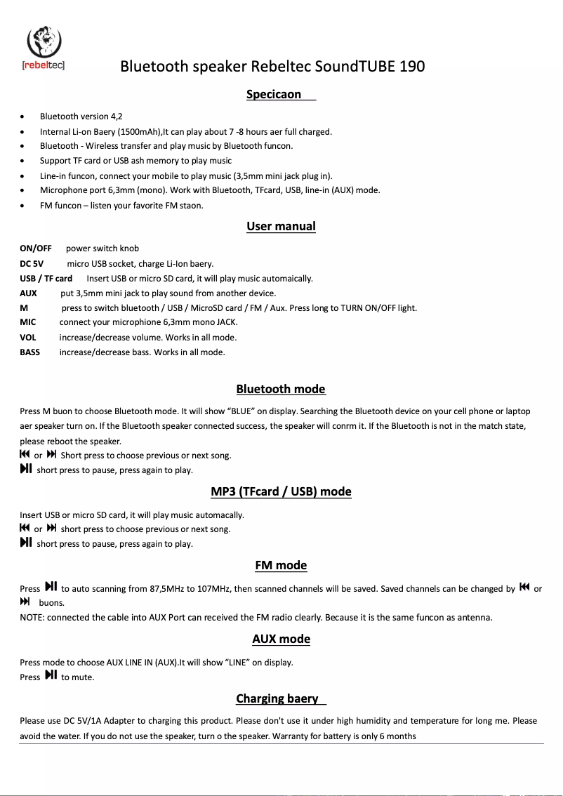 Page 1 of the manual User Manual Rebeltec SoundTube 190