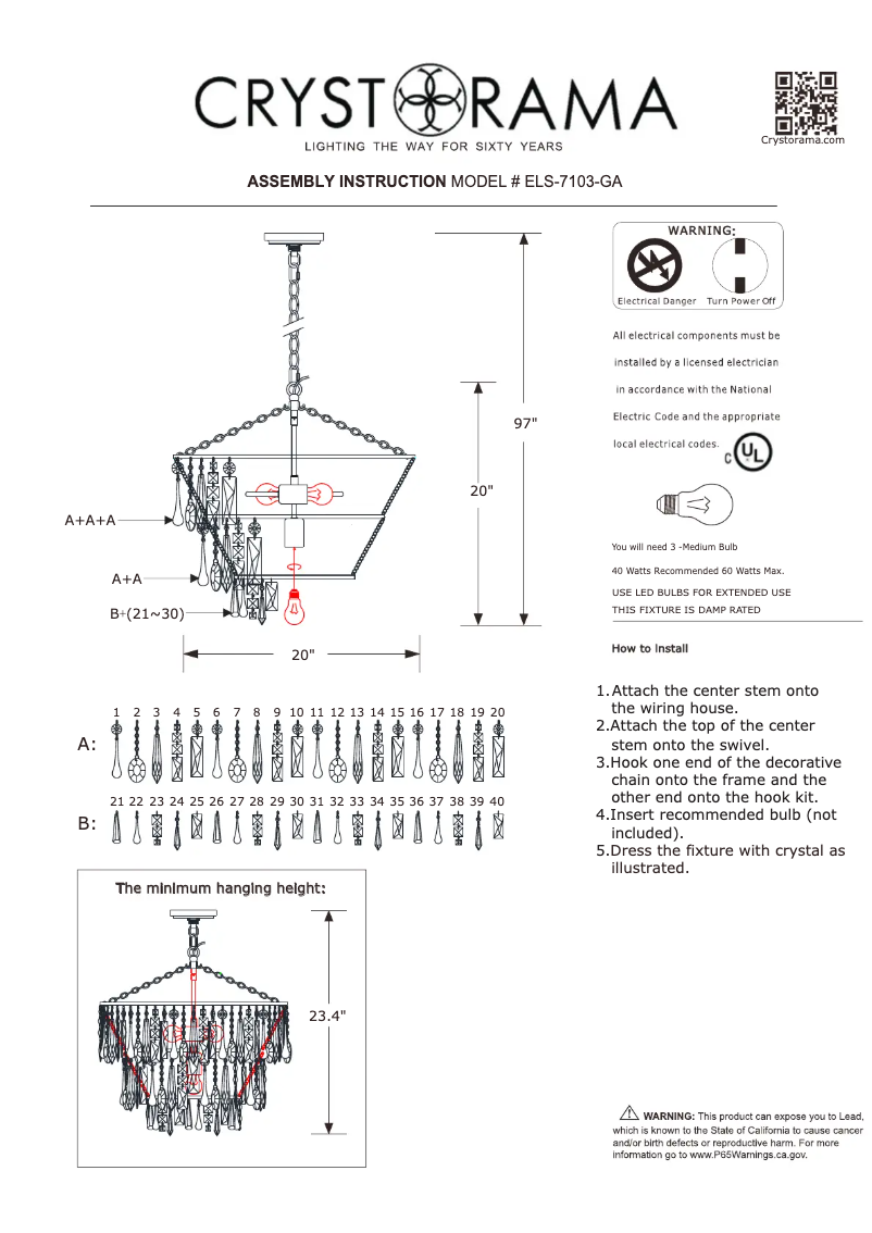 Page 1 de la notice Manuel utilisateur Crystorama Elsa ELS-7103-GA