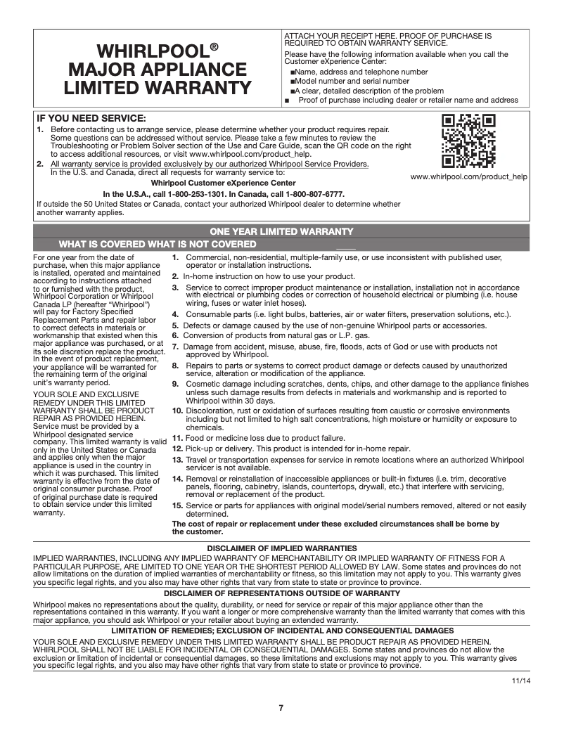 Page 1 de la notice Informations de garantie Whirlpool WMH53521HW