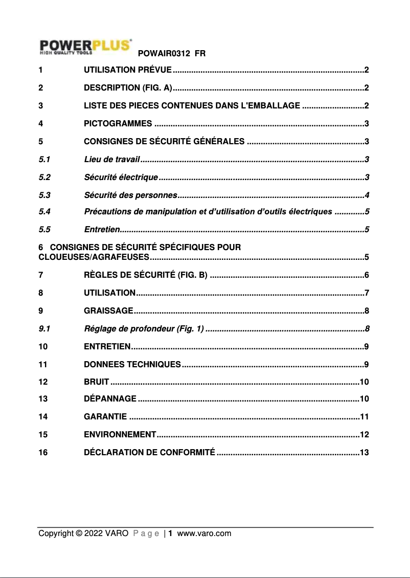 Page 1 de la notice Manuel utilisateur PowerPlus POWAIR0312
