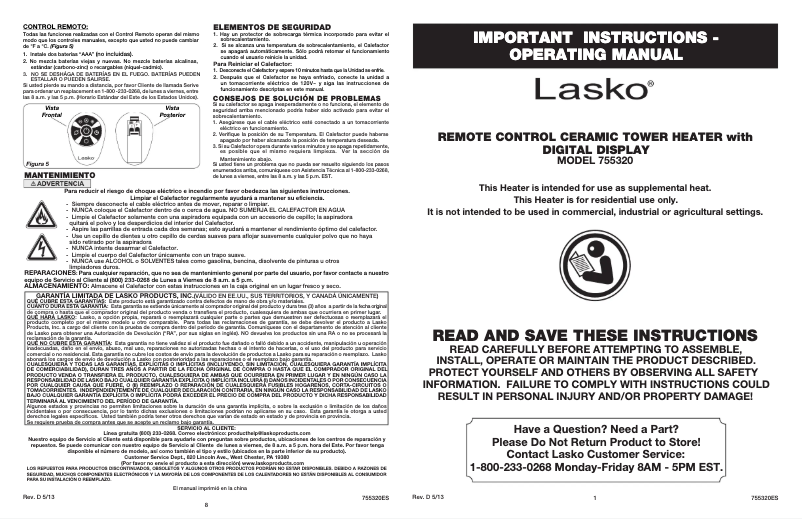 Page 1 de la notice Manuel utilisateur Lasko 755320