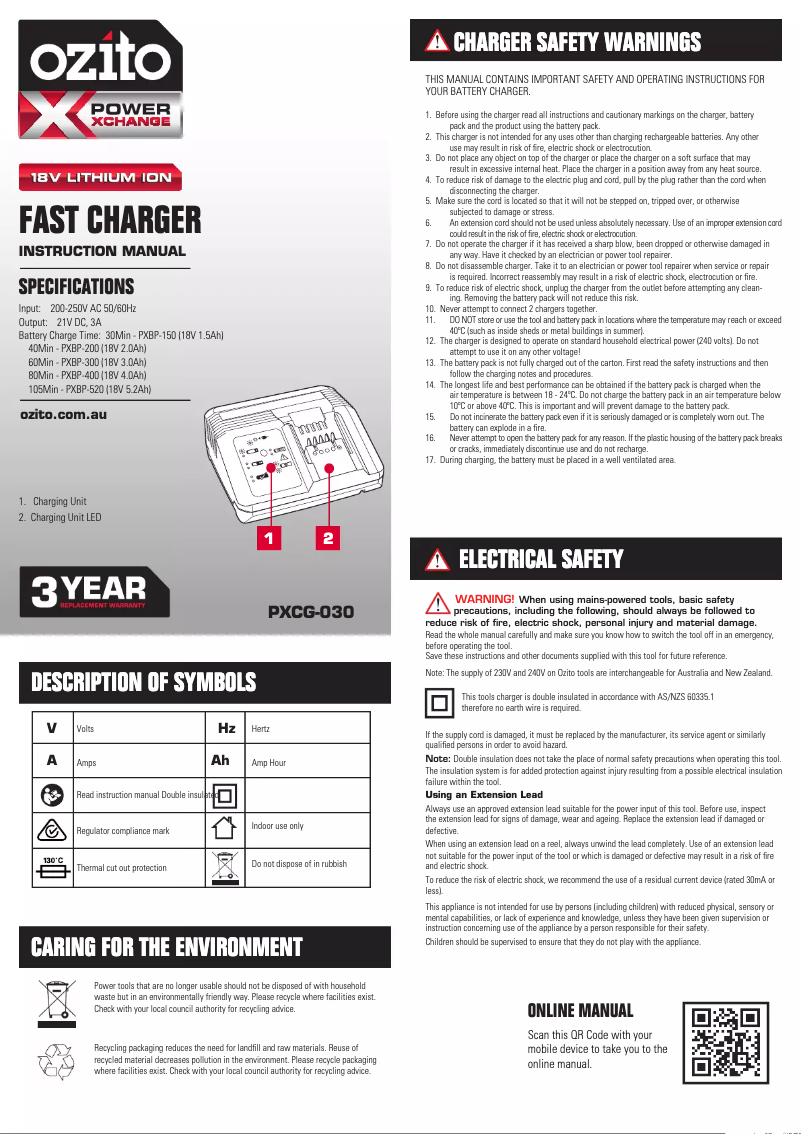Page 1 de la notice Manuel utilisateur Ozito PXCG-030