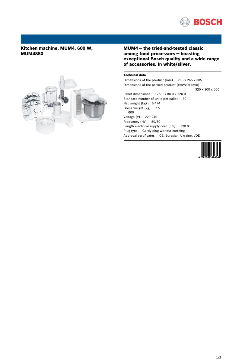 Page 1 de la notice Fiche technique Bosch MUM4880