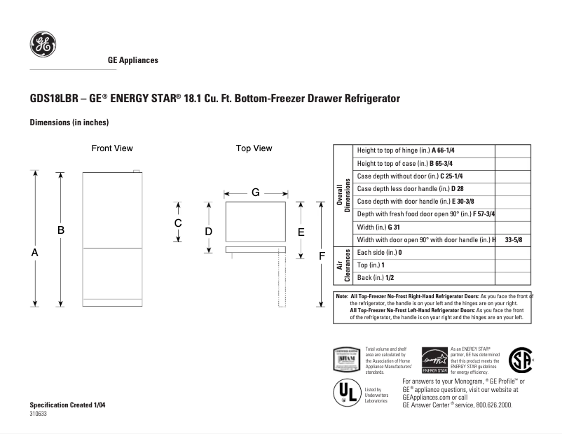 Page n°1 - Fiche technique GE GDS18LBRWW