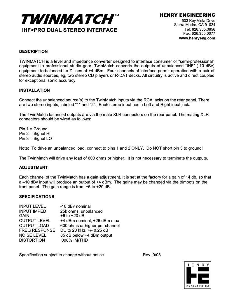 Page n°1 - Manuel utilisateur Henry Engineering TwinMatch