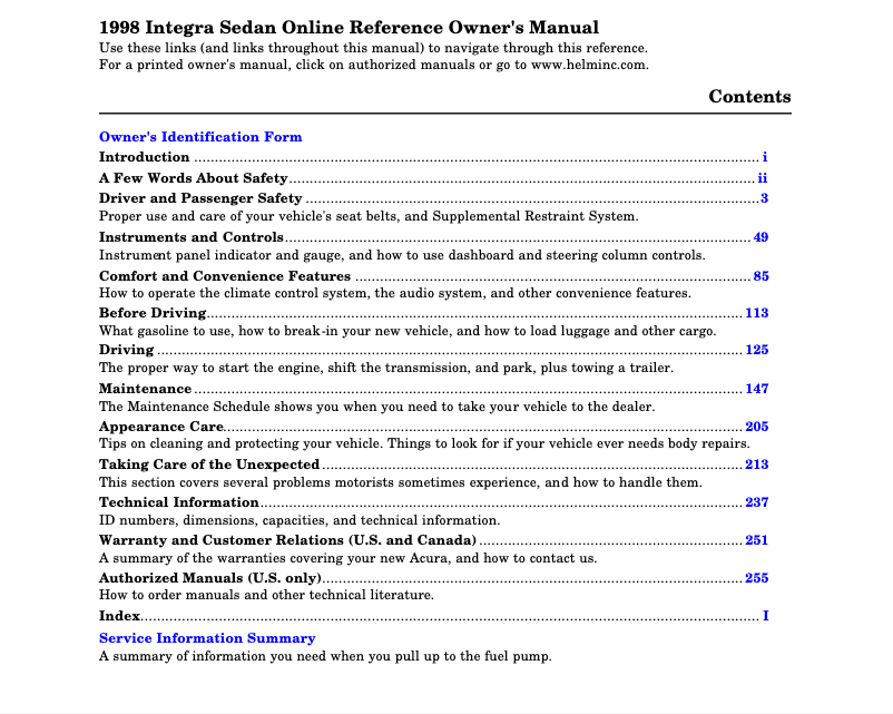 Page n°1 - Manuel utilisateur Acura Integra (1998)