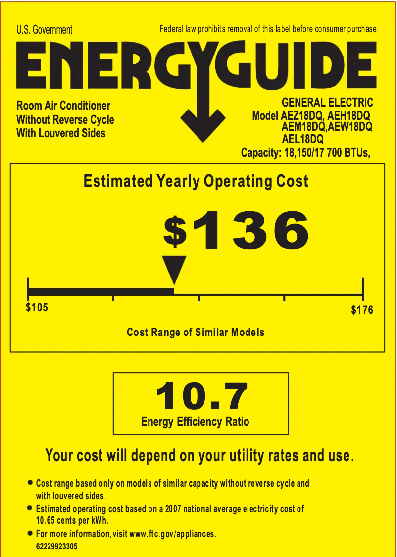 Page 1 de la notice Label énergétique GE AEW18DQ