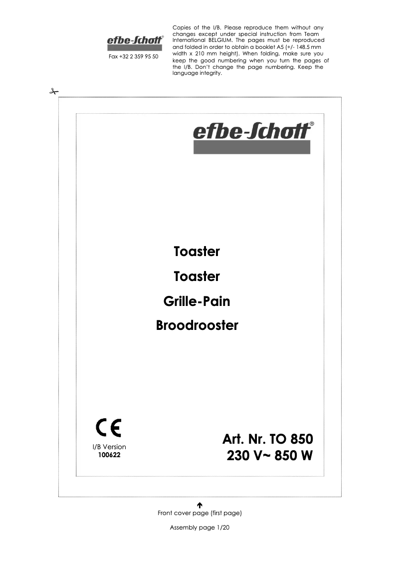 Page 1 de la notice Manuel utilisateur Efbe-Schott TO 850