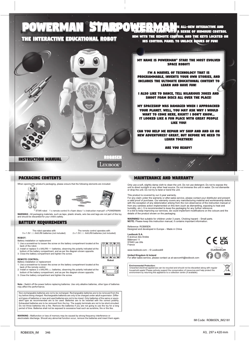 Page 1 de la notice Manuel utilisateur Lexibook ROB85EN