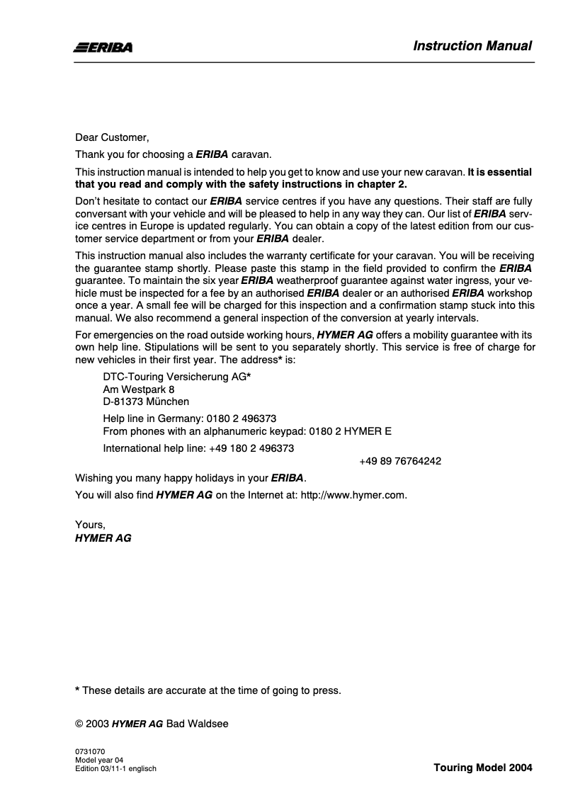 Page 1 de la notice Manuel utilisateur Eriba Triton 420 GT (2004)