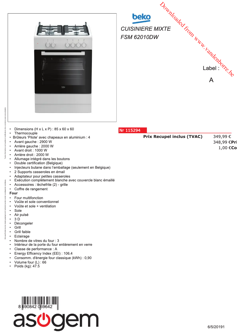 Page n°1 - Fiche technique Beko FSM 62010 DW