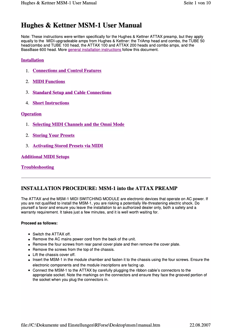 Página 1 del manual Manual de usuario Hughes & Kettner MSM-1