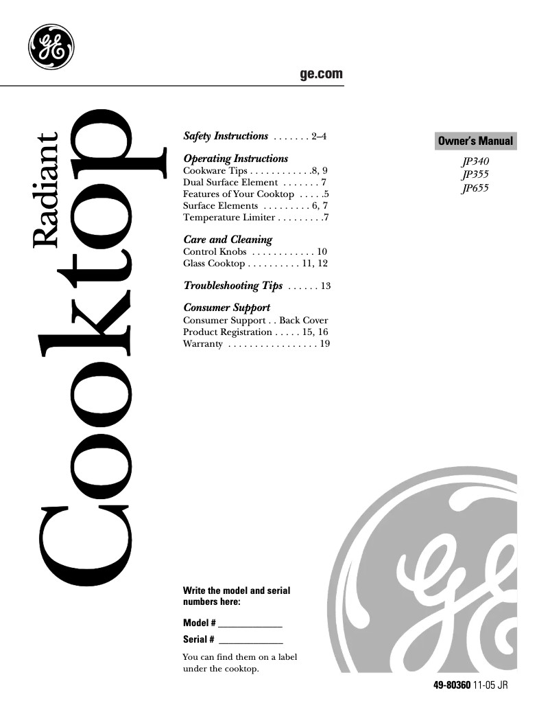 Page 1 of the manual Use and Maintenance Manual GE JP355KKCC