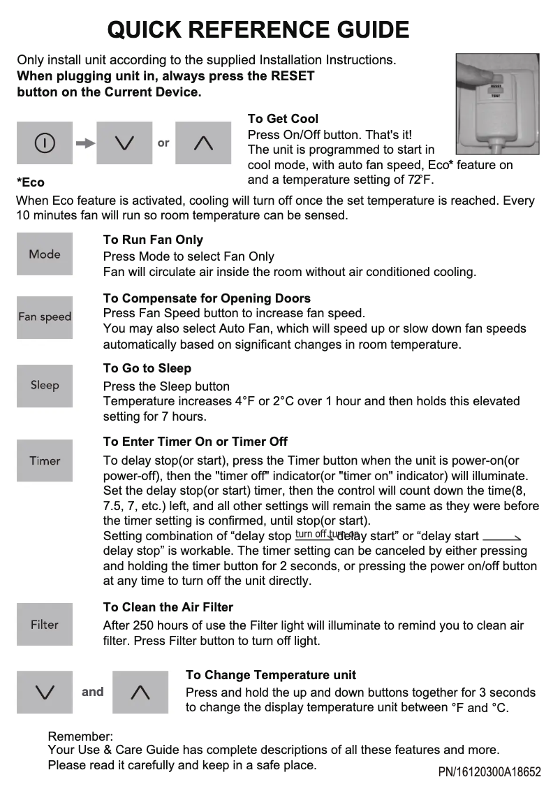 Page 1 de la notice Guide de démarrage rapide Frigidaire FHWC083TC1