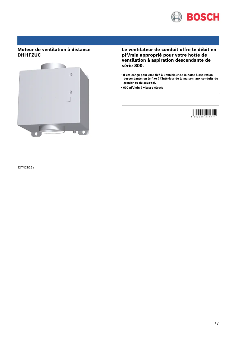 Page 1 de la notice Fiche technique Bosch DHI1FZUC