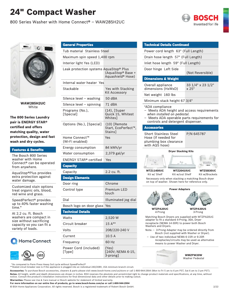 Page n°1 - Fiche technique Bosch WAW285H2U