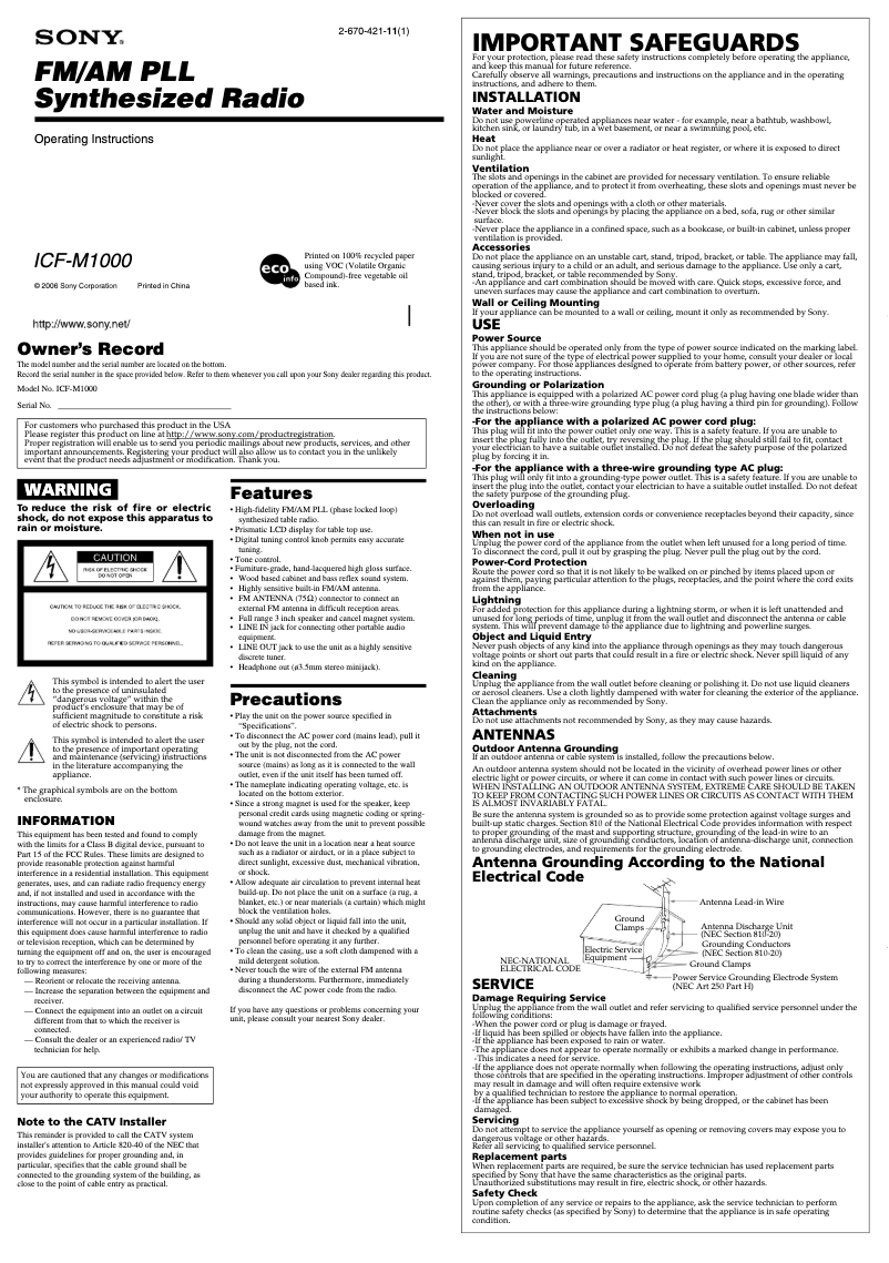 Page n°1 - Manuel utilisateur Sony ICF-M1000