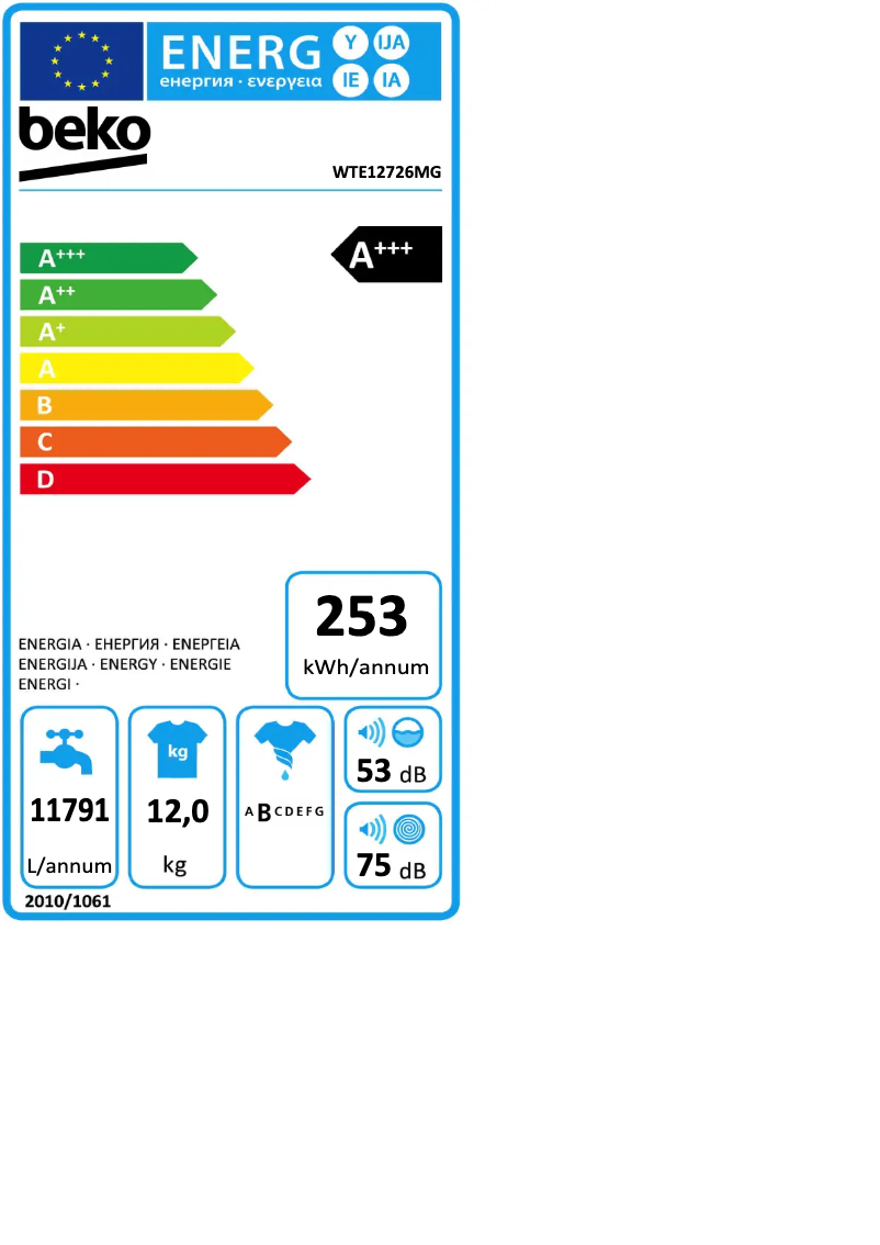 Page 1 de la notice Label énergétique Beko WTE12726MG