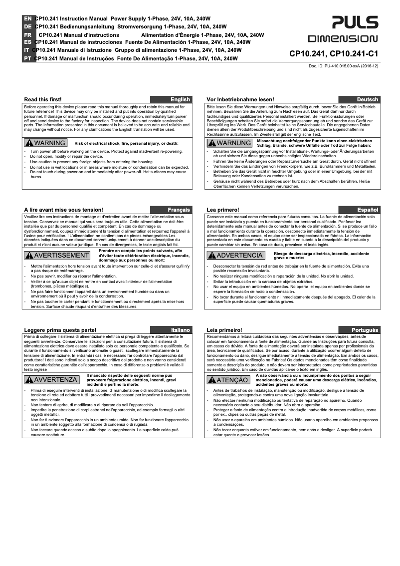 Page n°1 - Manuel utilisateur Puls Dimension CP10.241-C1