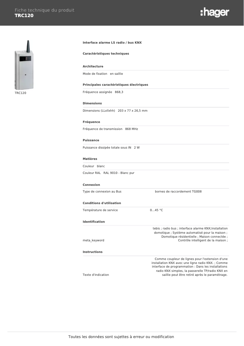 Page n°1 - Fiche technique Hager TRC120