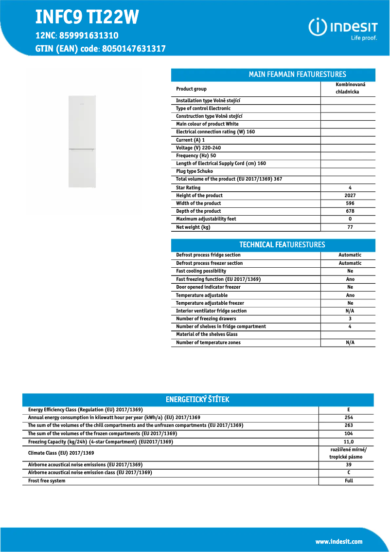 Page 1 de la notice Fiche technique Indesit INFC9 TI22W