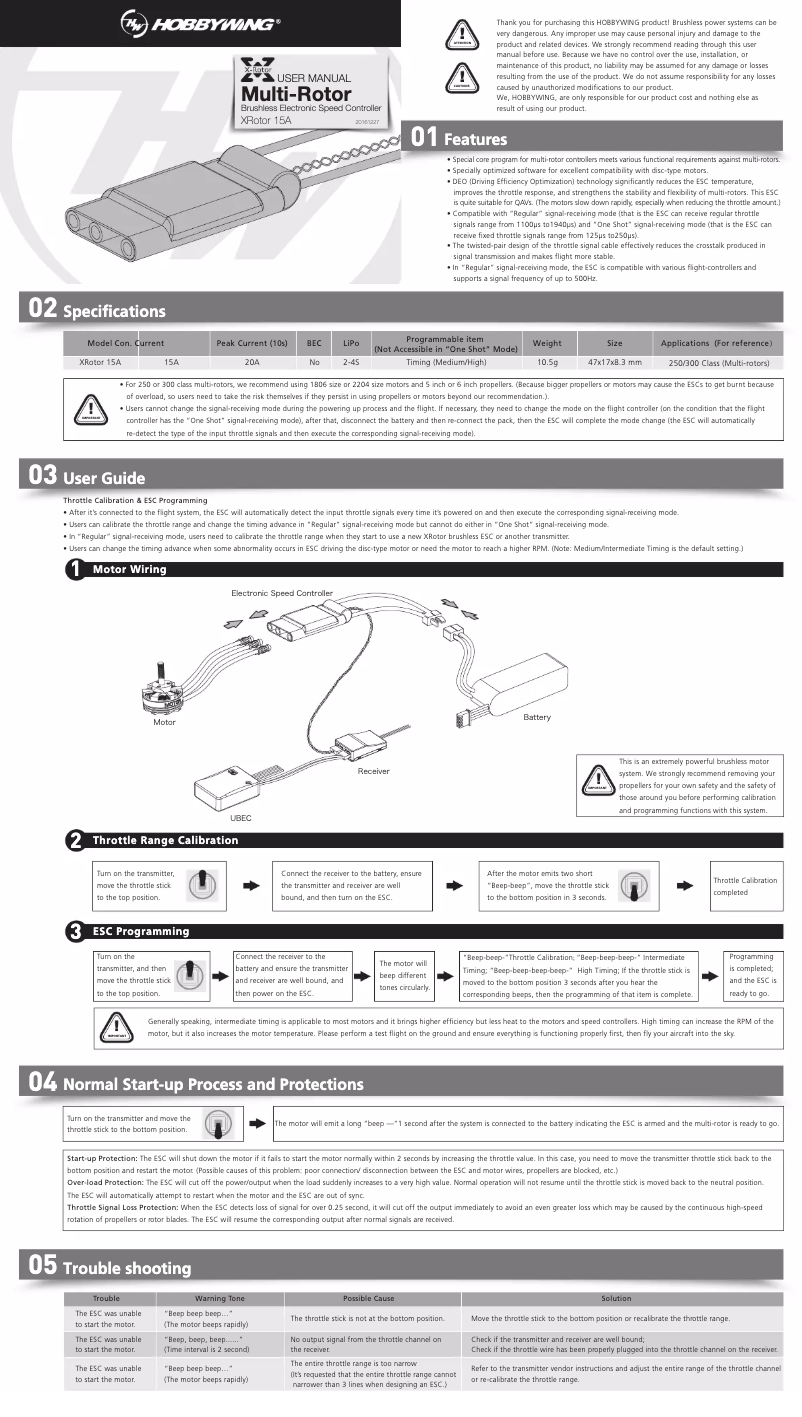 Page 1 de la notice Manuel utilisateur Hobbywing XRotor 15A