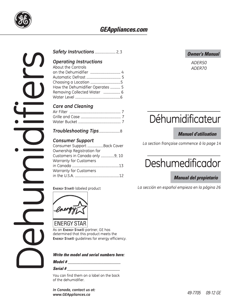 Page 1 de la notice Manuel utilisateur GE ADER70LR