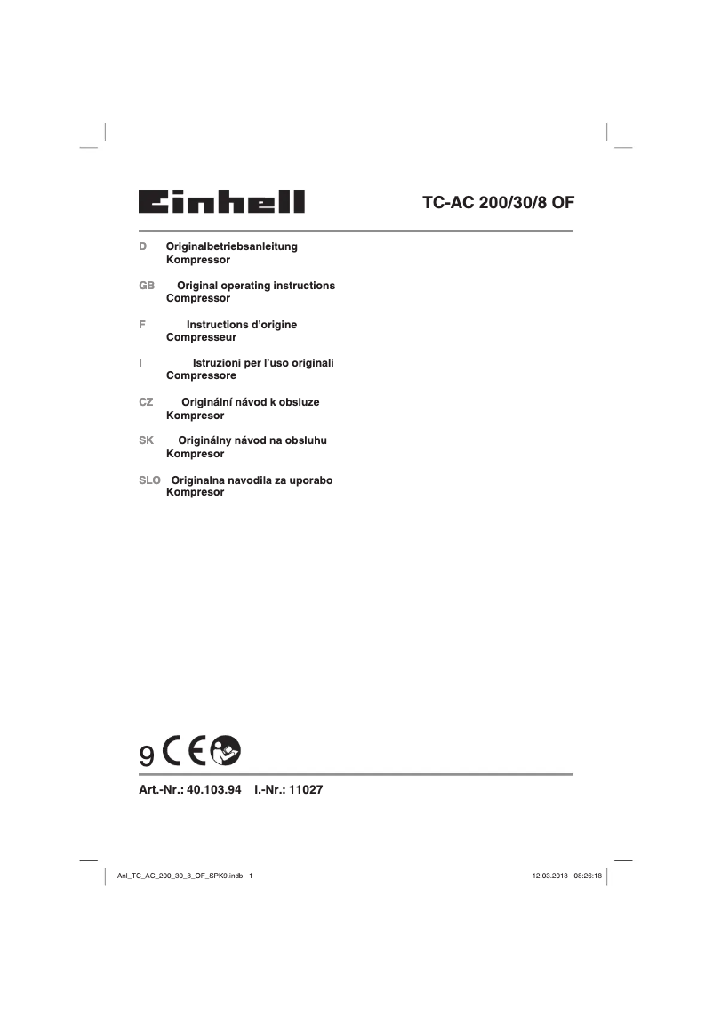 Page n°1 - Manuel utilisateur Einhell TC-AC 200/30/8 OF