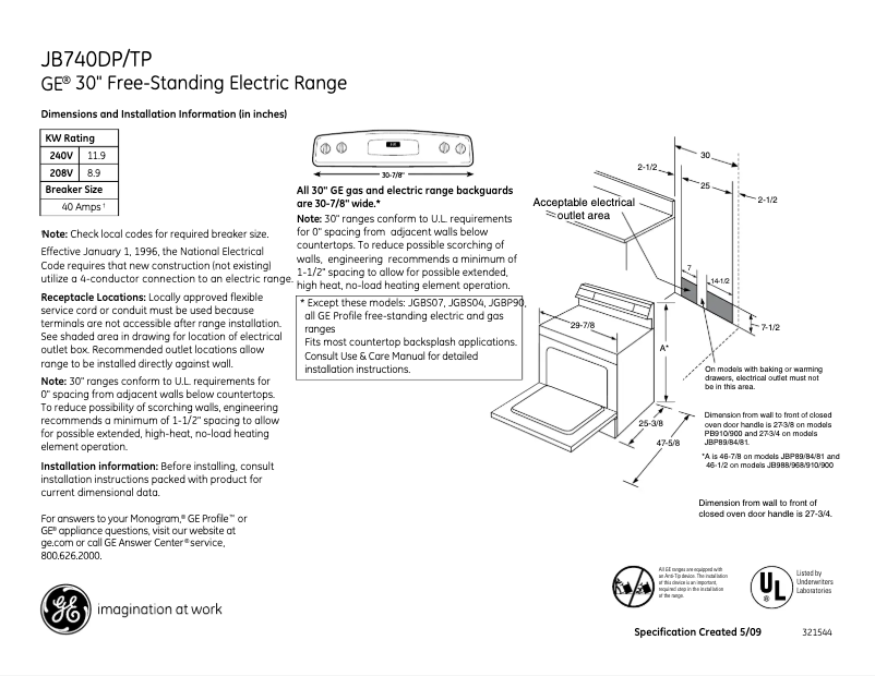 Page n°1 - Fiche technique GE JB740DPBB