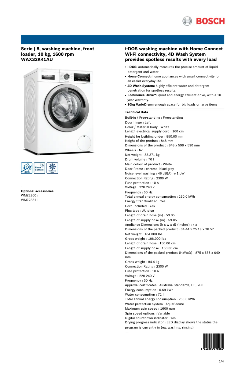 Page 1 of the manual Technical Sheet Bosch Serie 8 WAX32K41AU