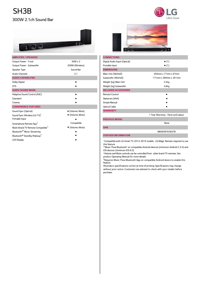 Page 1 de la notice Fiche technique LG SH3B