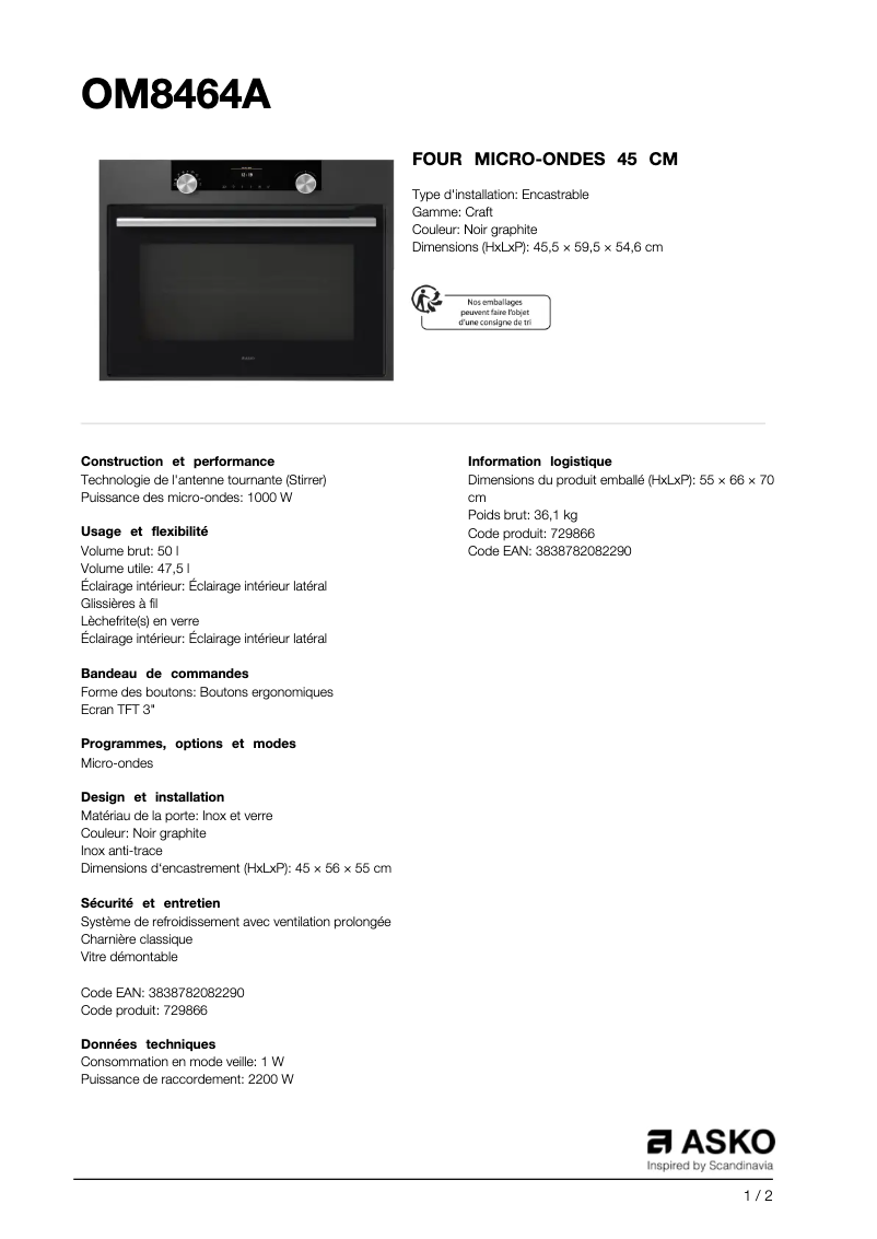 Page 1 de la notice Fiche technique Asko OM8464A