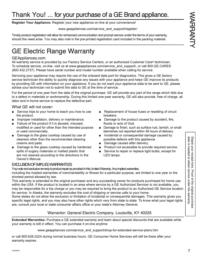 Página 1 del manual Información de garantía GE JB645DKBB