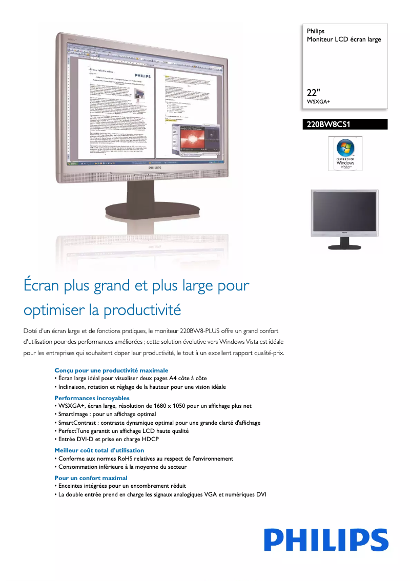 Página 1 del manual Ficha técnica Philips 220BW8CS1