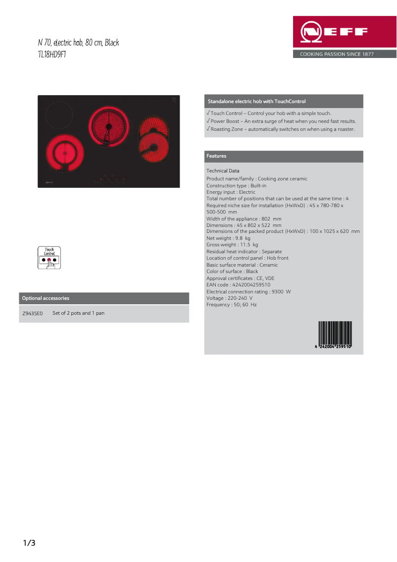Page 1 of the manual Technical Sheet Neff TL18HD9F1