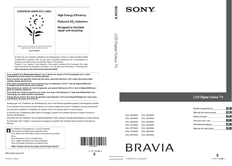 Page 1 de la notice Manuel utilisateur Sony Bravia KDL-32S5550