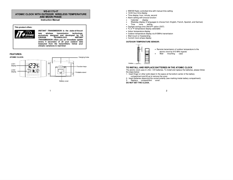 Page 1 de la notice Mode d'emploi La Crosse Technology WS-8117U-IT-AL