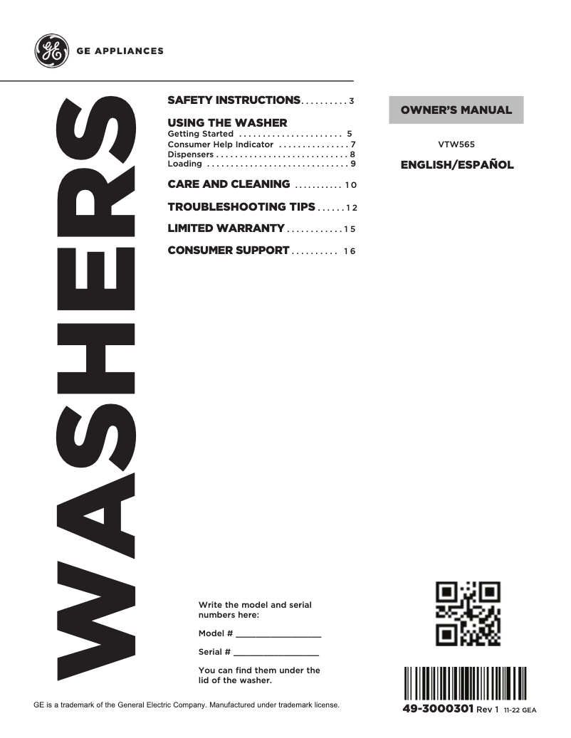 Page 1 de la notice Manuel utilisateur GE VTW565ASVWB