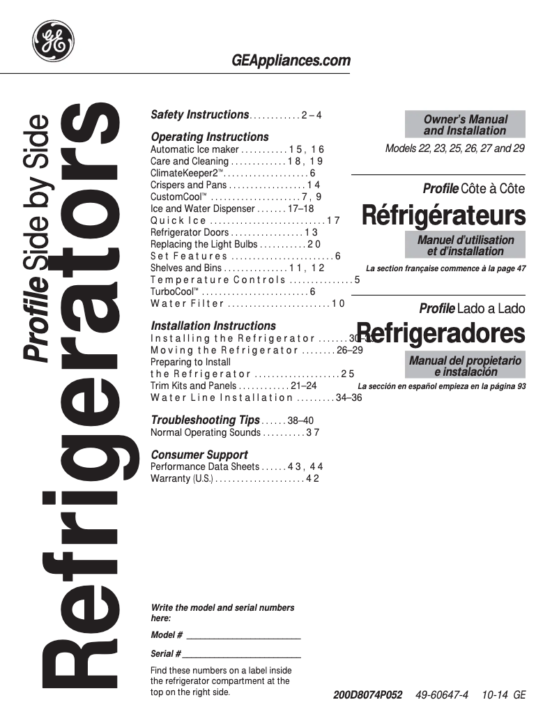 Page 1 de la notice Manuel utilisateur GE Profile PSE25KBLTS