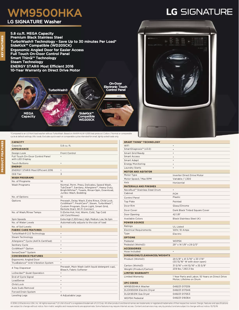 Page 1 de la notice Fiche technique LG WM9500HKA
