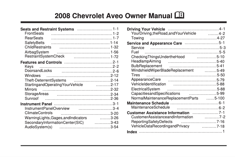 Página 1 del manual Manual de usuario Chevrolet Aveo (2008)