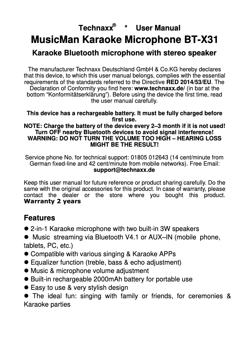 Page n°1 - Manuel utilisateur Technaxx MusicMan Karaoke BT-X31