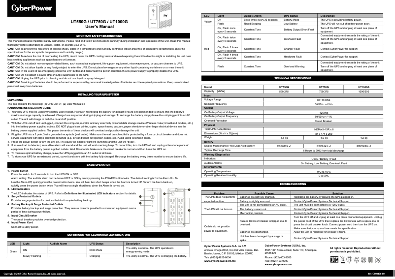 Page 1 de la notice Manuel utilisateur CyberPower UT750G