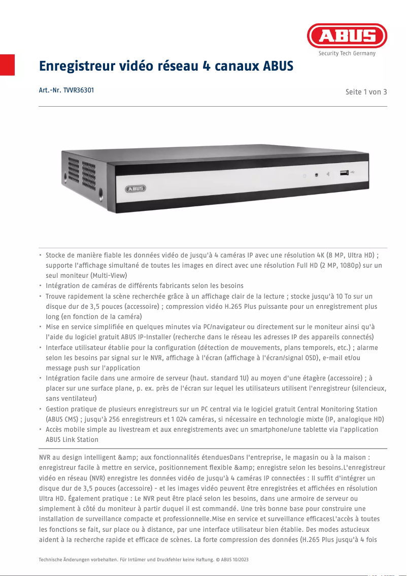 Page 1 de la notice Fiche technique Abus TVVR36301