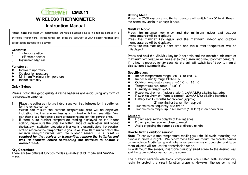Page n°1 - Manuel utilisateur ClimeMET CM2011