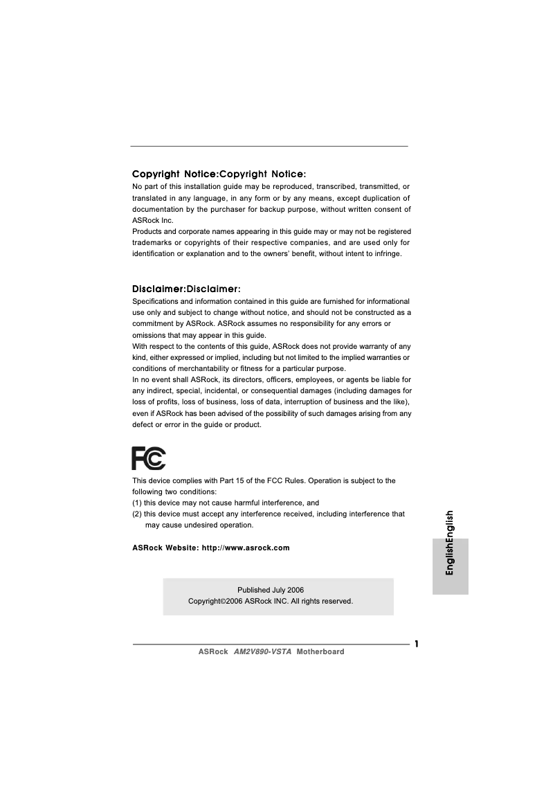 Page 1 de la notice Manuel utilisateur Asrock AM2V890-VSTA