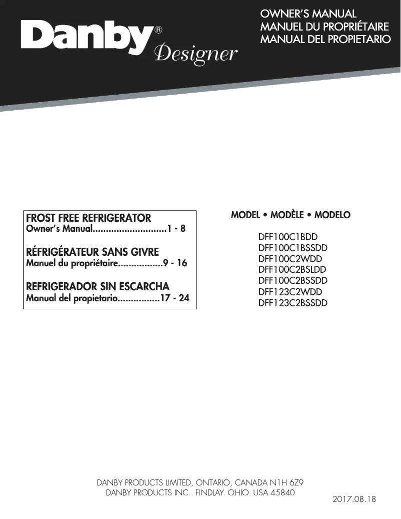 Page 1 de la notice Manuel utilisateur Danby DFF100C1