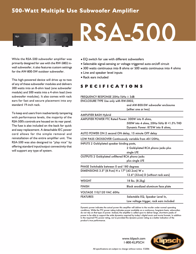Page 1 de la notice Fiche technique Klipsch RSA-500