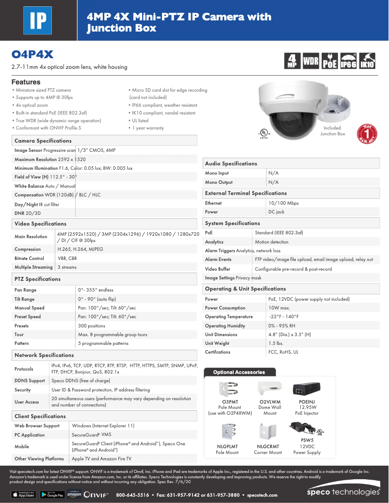 Page 1 de la notice Fiche technique Speco Technologies O4P4X